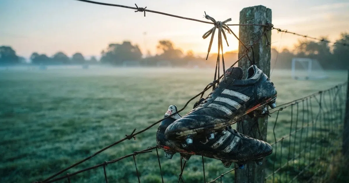 Znoszone buty piłkarskie zawieszone za sznurówki na drucianym płocie na skraju boiska treningowego o wschodzie słońca.