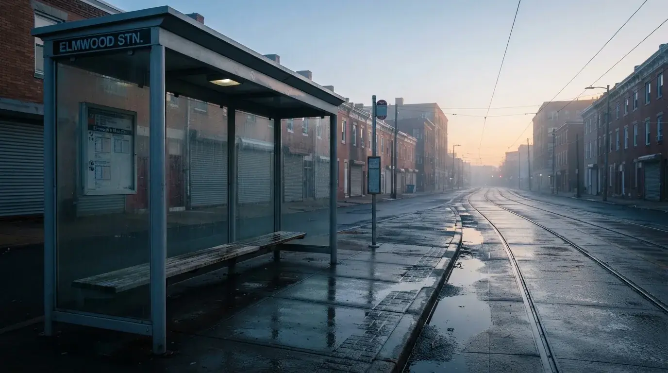 Pusta wiata przystanku tramwajowego na miejskiej ulicy o świcie, pusta ławka i mokry chodnik.