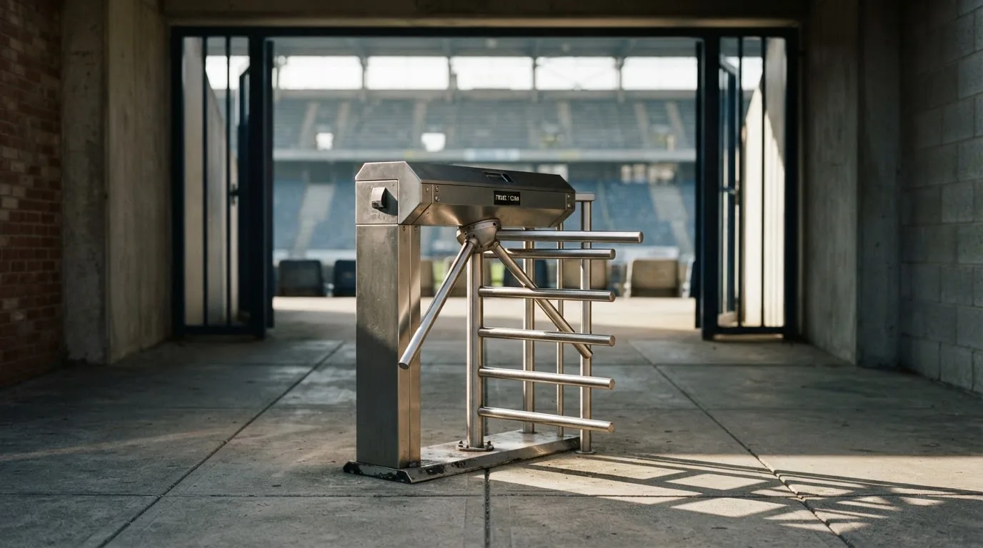 Metalowa bramka obrotowa przy pustym wejściu na stadion w świetle dziennym, pręty łapią blask słońca.