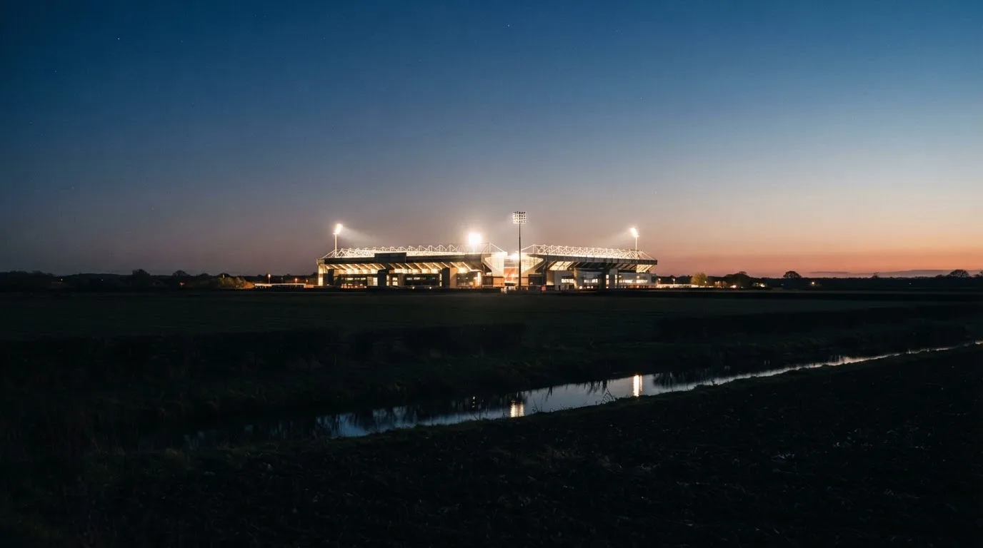 Stadion rozświetlony reflektorami widziany z daleka znad ciemnych pól w pogodny wieczór.