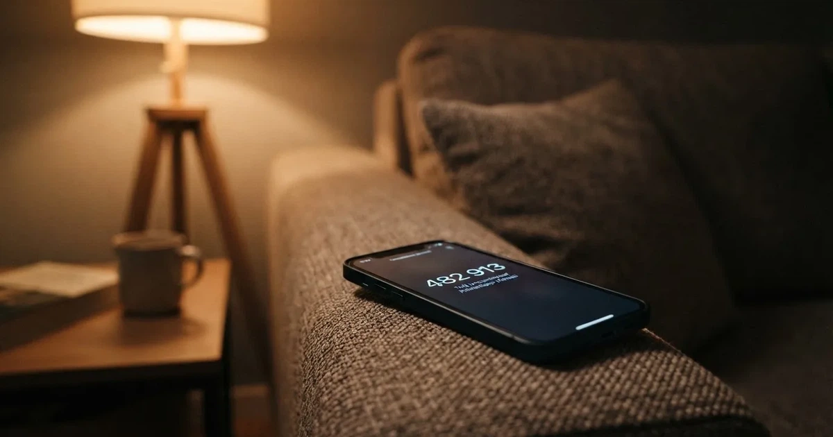 Smartfon z ciemnym wyświetlaczem leży na poręczy sofy obok poduszki w ciepłym świetle lampy.