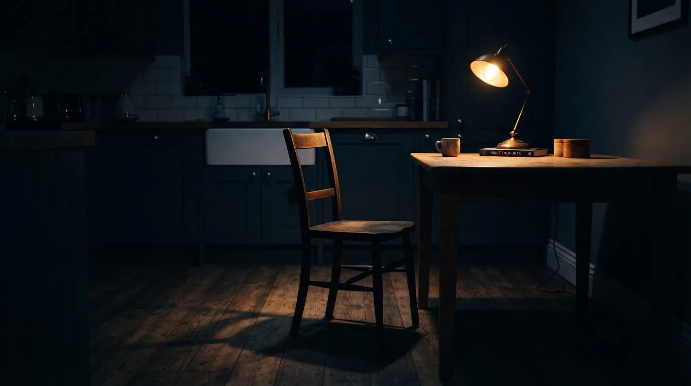 Jedna zapalona lampa w ciemnej kuchni nocą i odsunięte od stołu puste krzesło.
