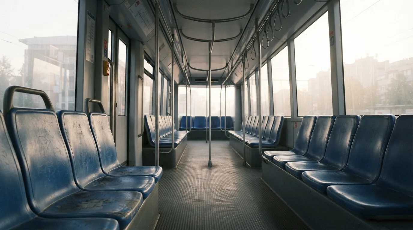 Wnętrze pustego tramwaju z rzędami siedzeń i poręczą w porannym świetle.