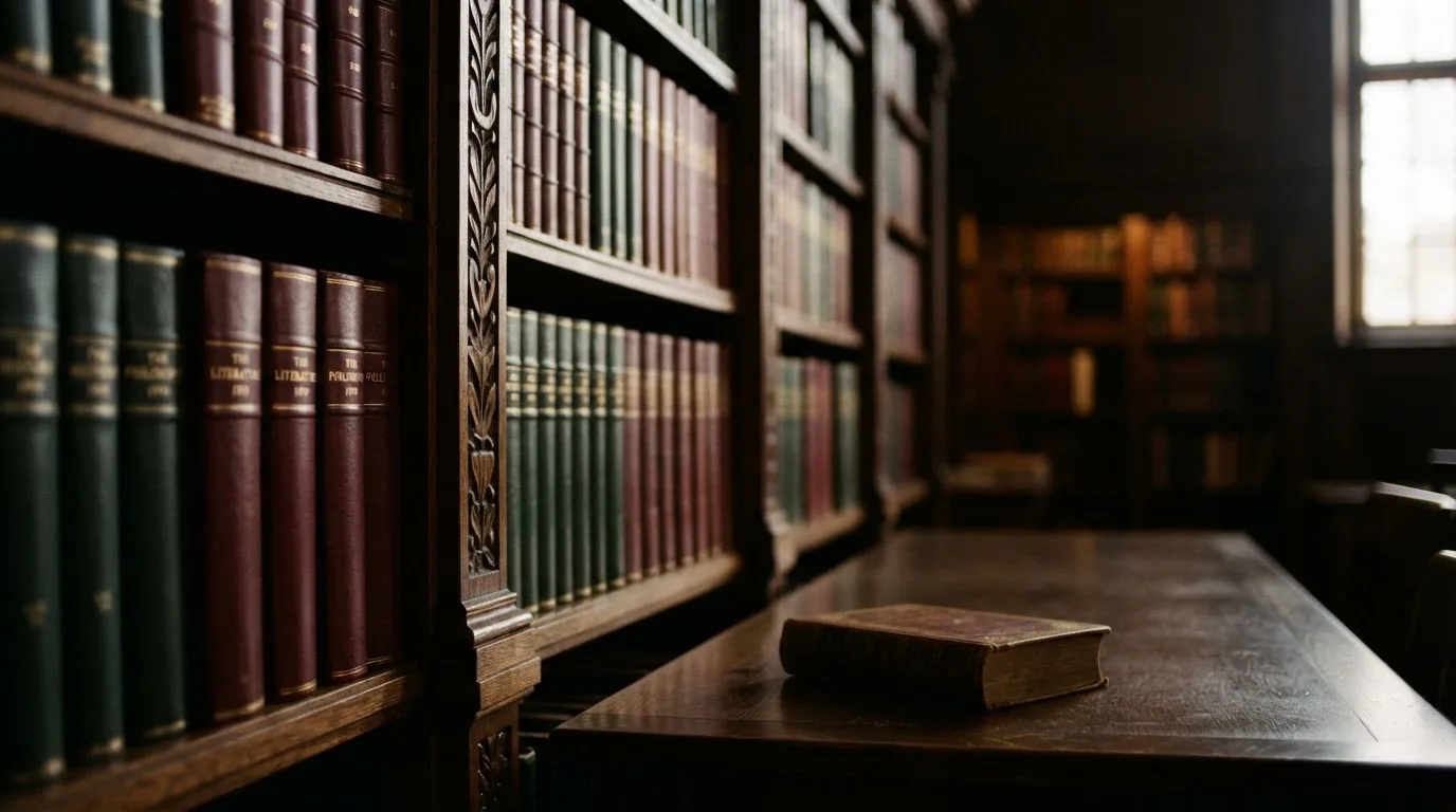 Regał z zamkniętymi książkami w skórzanych oprawach w cichej bibliotece, światło pada z boku.