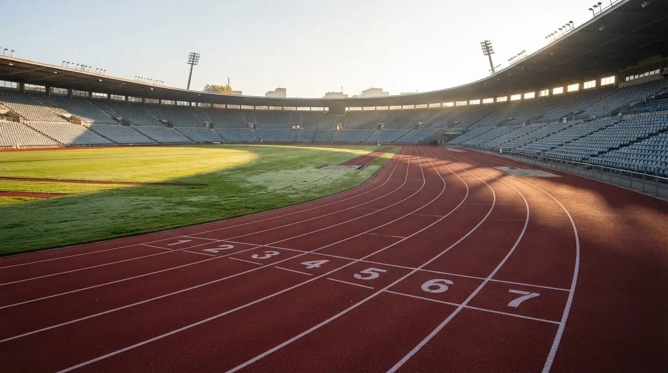 Bieżnia lekkoatletyczna wygięta w łuk pustego stadionu w porannym słońcu.