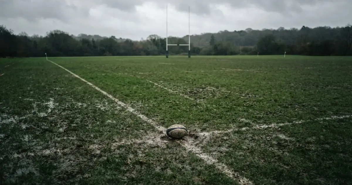 Boisko do rugby ze słupami bramki w oddali pod pochmurnym niebem, mokra trawa i ślady butów.