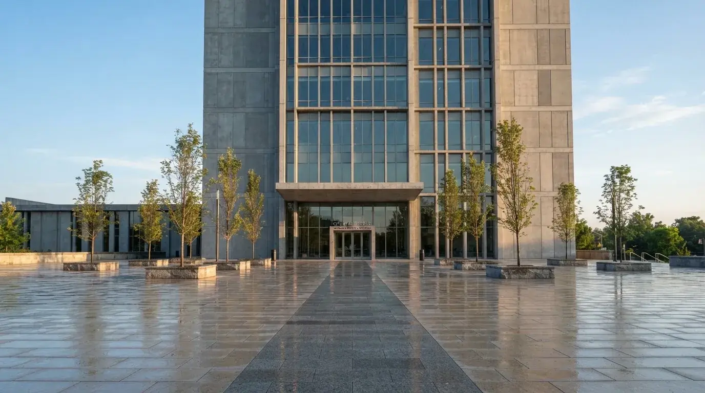 Nowoczesny budynek z szarego betonu i szkła o poranku, szeroki plac przed wejściem, żadnych przechodniów.