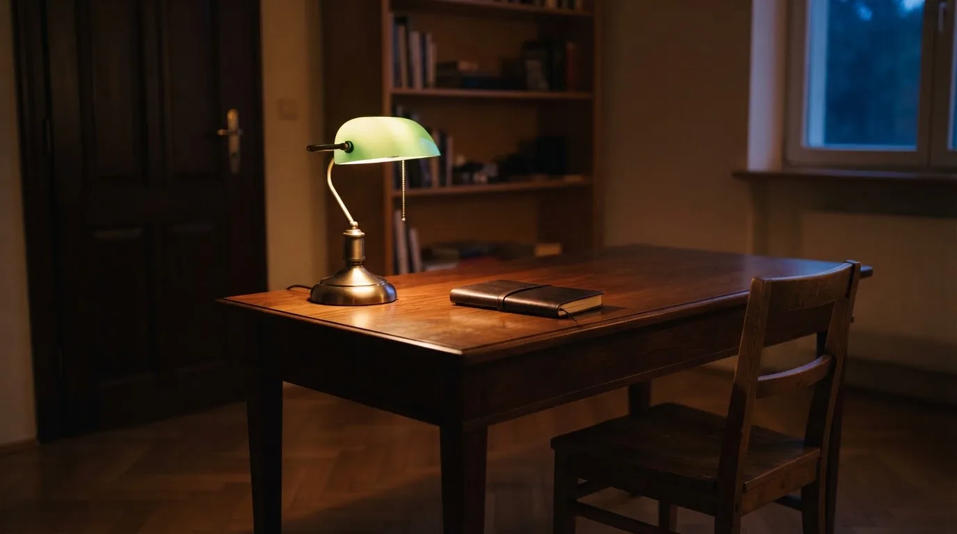 Lampa biurkowa świecąca na pustym drewnianym biurku w cichym gabinecie wieczorem, obok puste krzesło.