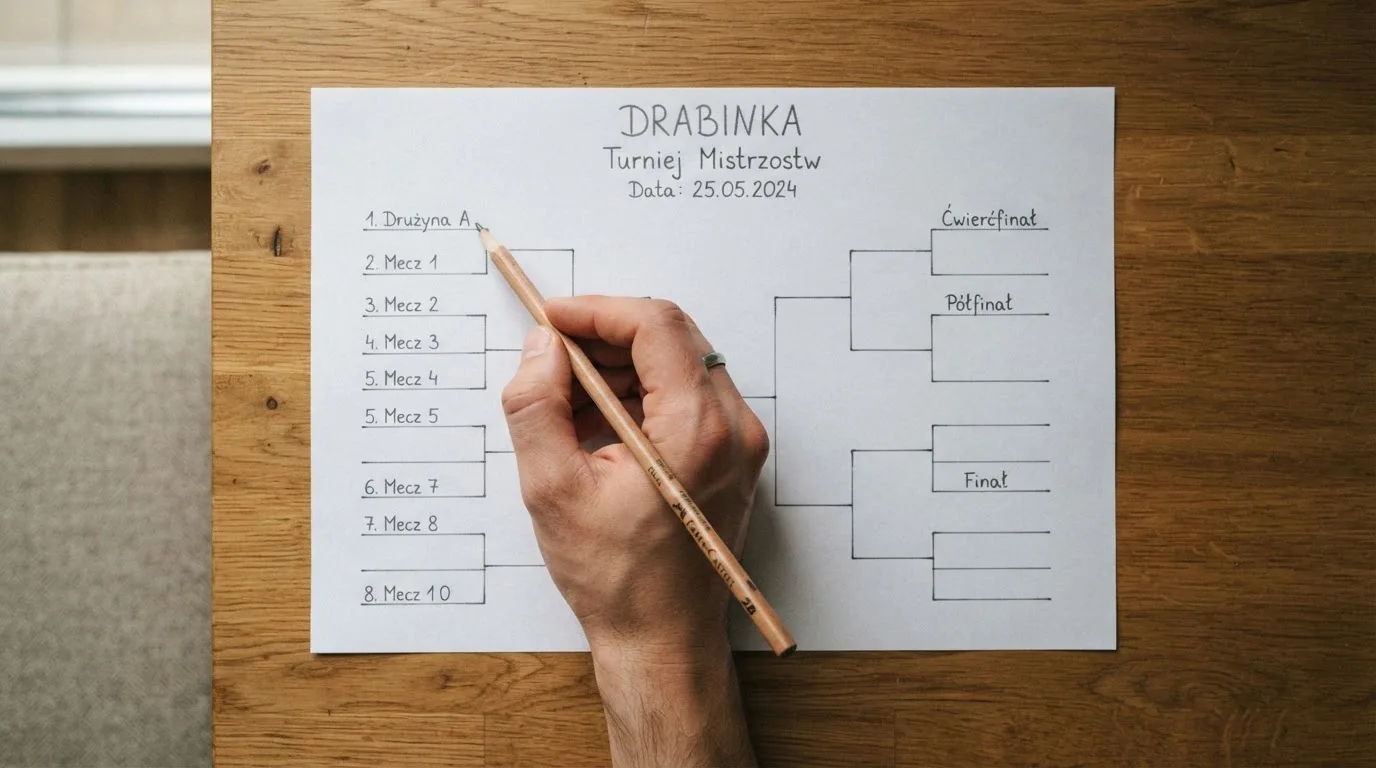 Dłoń trzymająca ołówek nad pustą kartką, na której odręcznie narysowano drabinkę rozgrywek bez opisów.