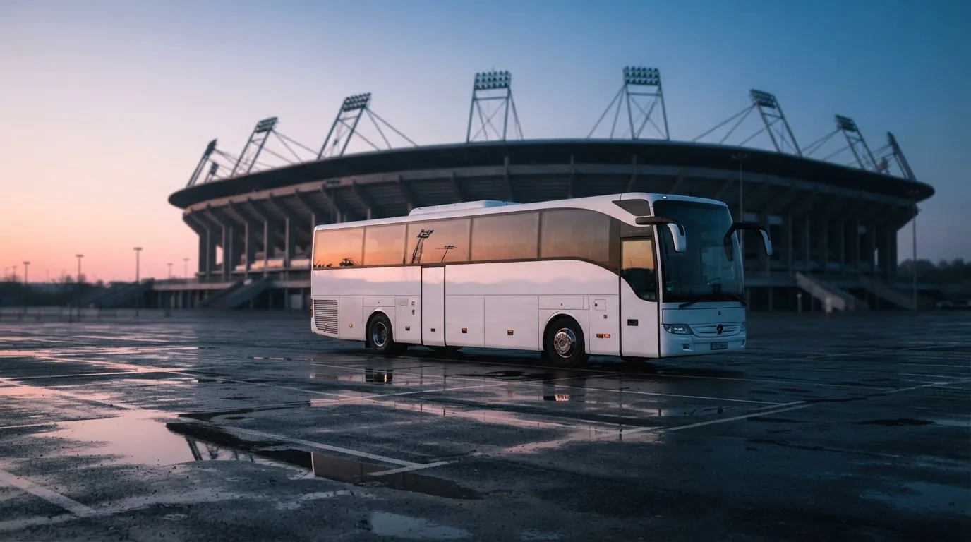 Autokar stoi na parkingu przed stadionem o świcie, rozmyte kontury trybun w tle, pusty plac i mokry asfalt.