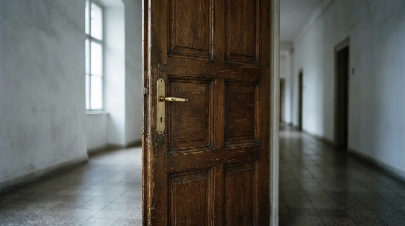 Ciężkie drewniane drzwi z mosiężną klamką w korytarzu urzędowym, ujęcie z boku w chłodnym świetle okna.